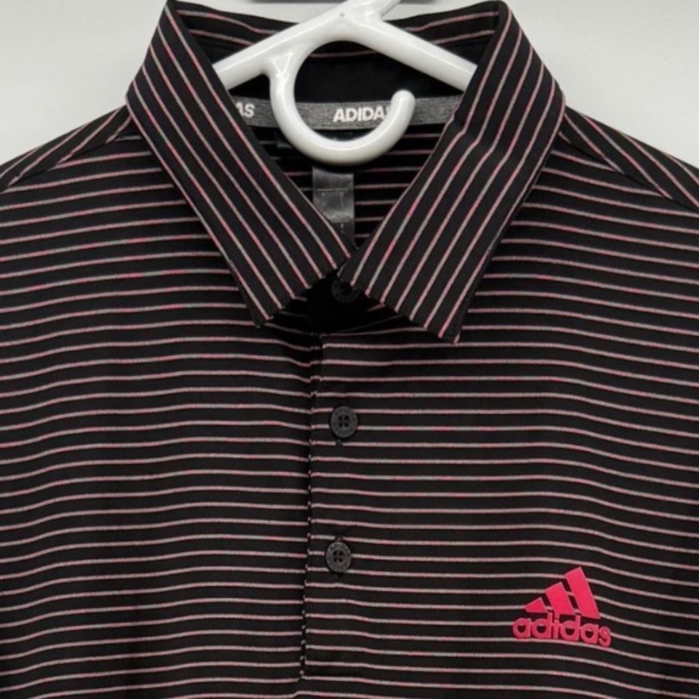 Adidas Mens Golf Polo Shirt Small‎ Black Pink Striped Short Sleeve Activewear